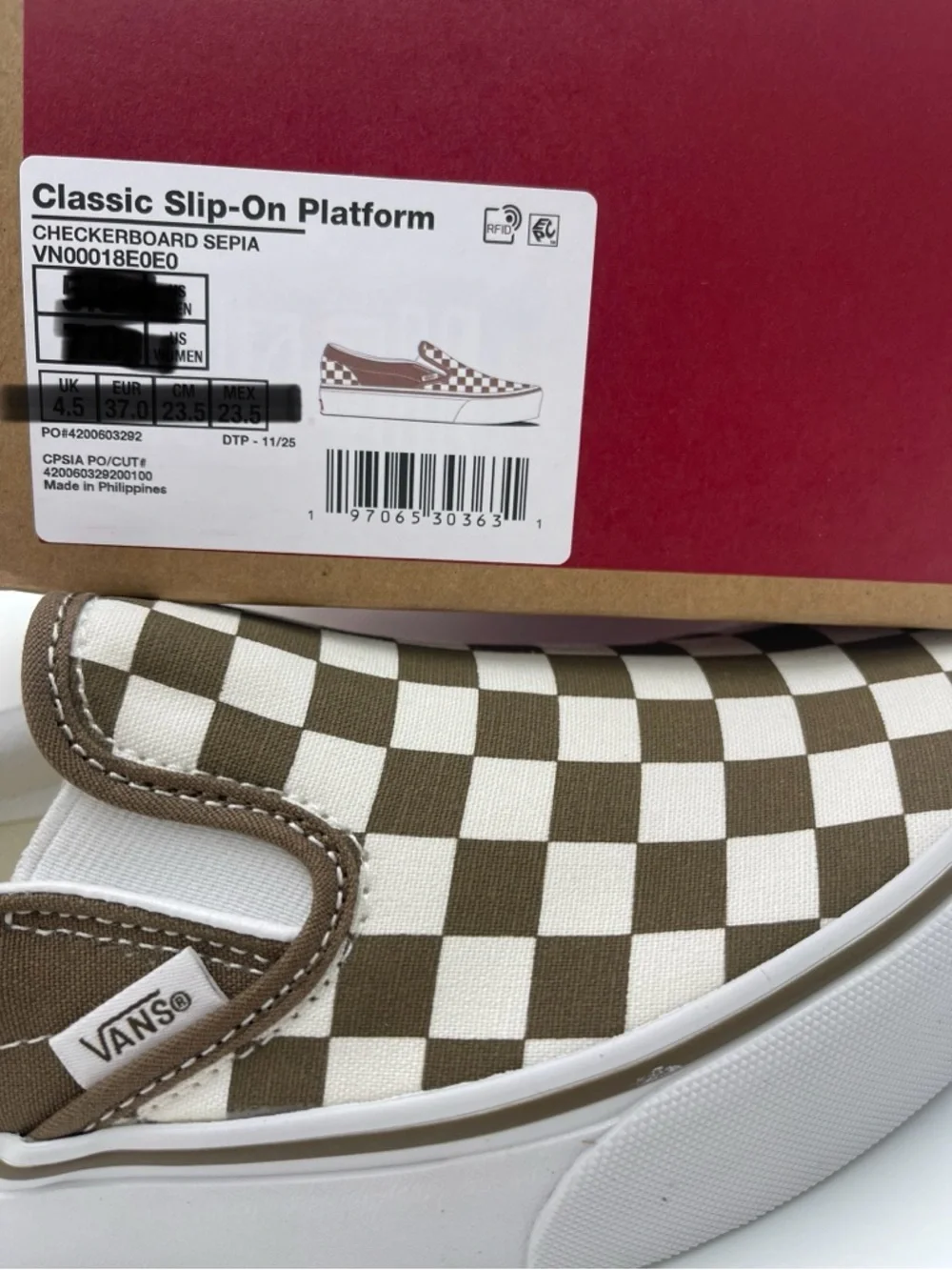 Vans Slip-On Platform Sneakers Checkerboard Sepia Brown VN00018E0E0 New